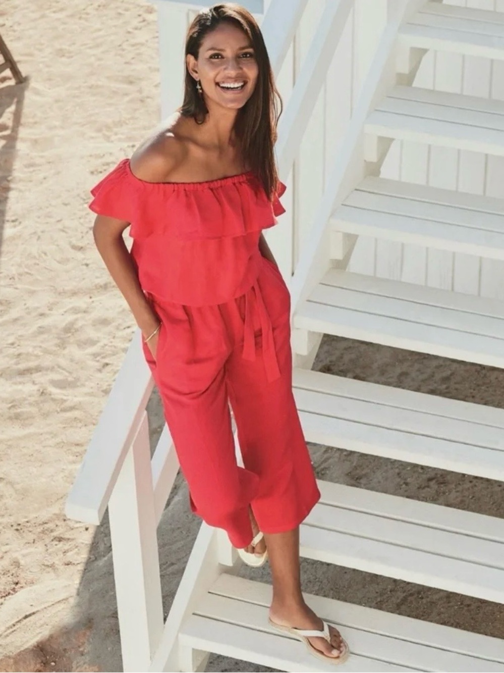 Tommy Bahama Off-Shoulder Red Jumpsuit